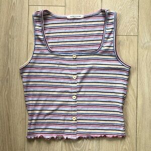 Caution to the Wind Square Neck Striped Multicolor Button Tank Top Size M